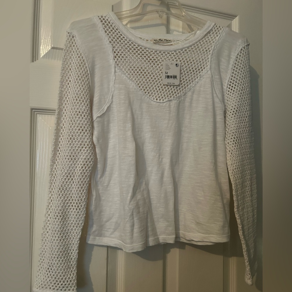 We The Free white M top with hollow out crochet see through neck & long sleeves
